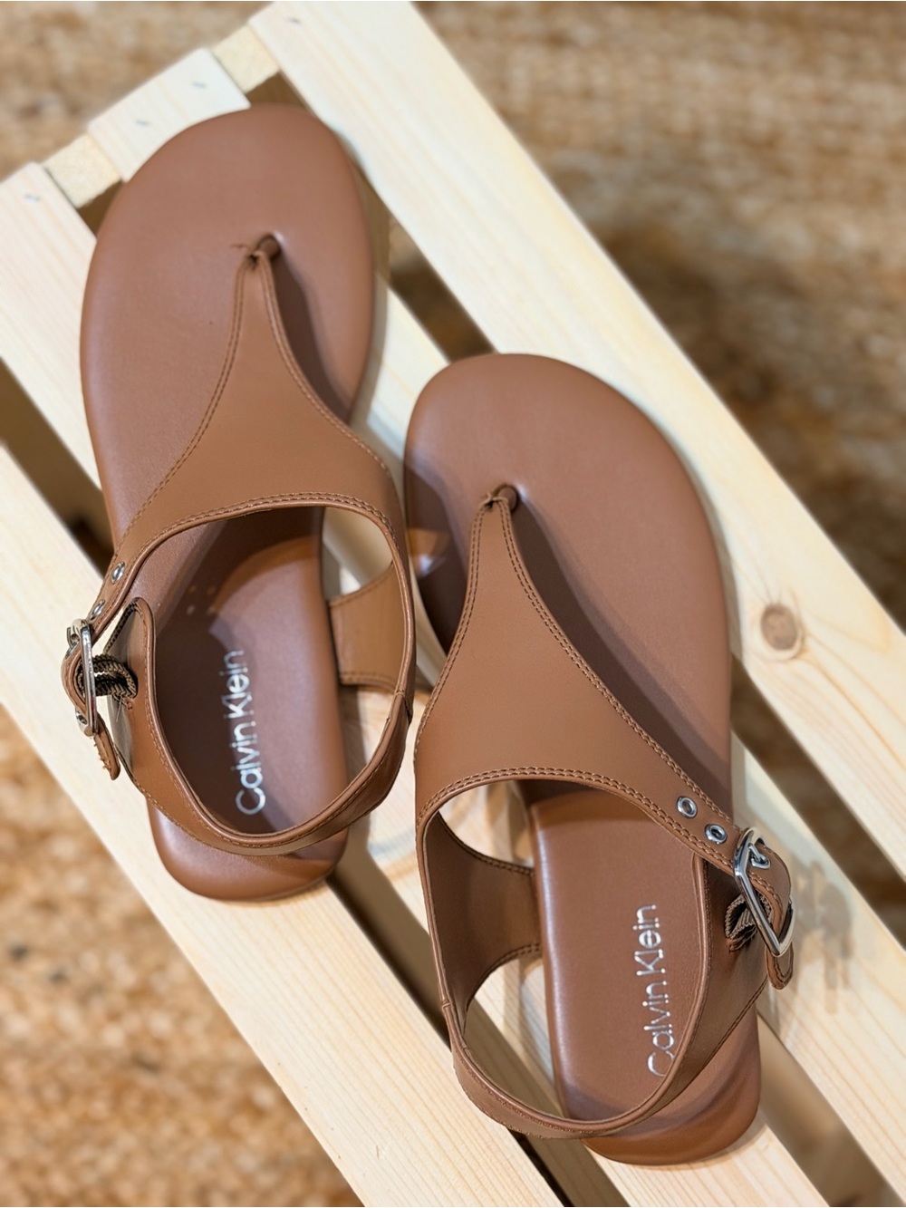 Calvin Klein Brown T-Strap Buckle Sandals